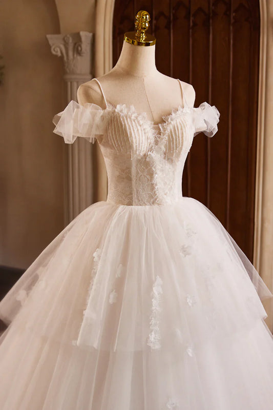 Vintage A-Line Spaghetti Strap Lace Beaded Light Champagne Floor Length Formal Wedding Dress TP933