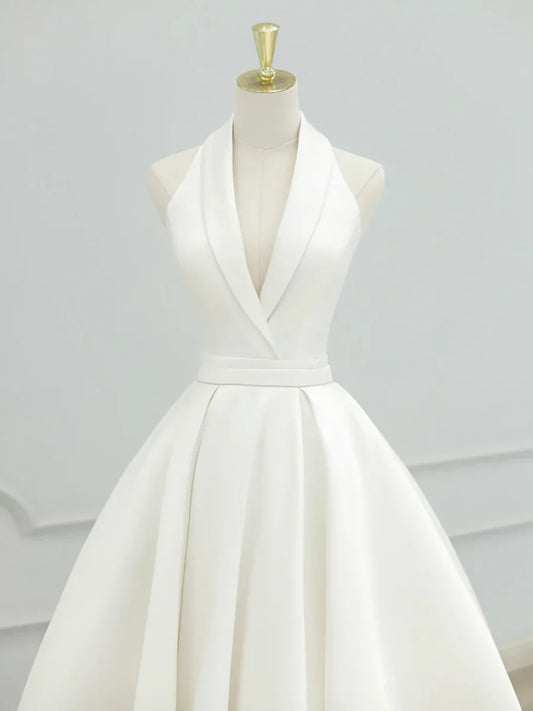 Elegant White V-Neck Satin Long A-Line Wedding Dress TP937