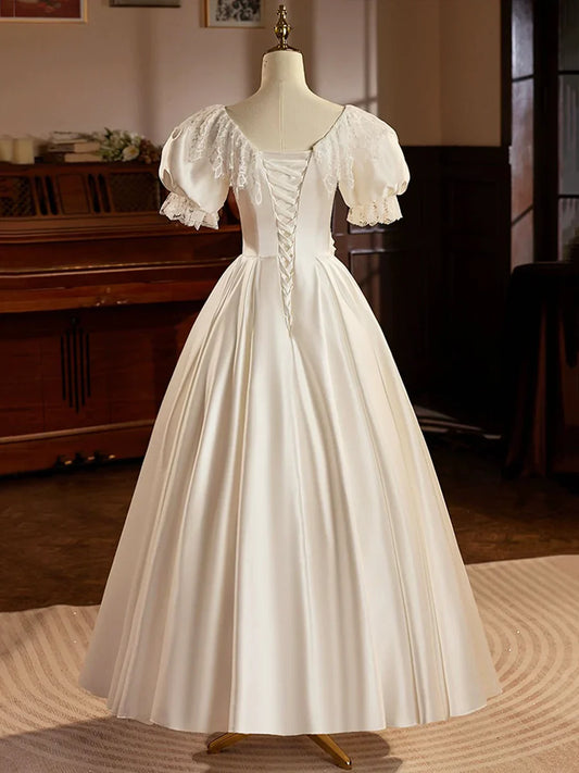 Retro White Satin Tea Length Lace A-Line Wedding Dress TP939