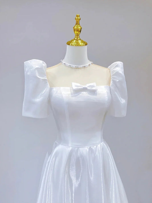 White Satin Short Sleeve Floor Length A-Line Wedding Dress TP942