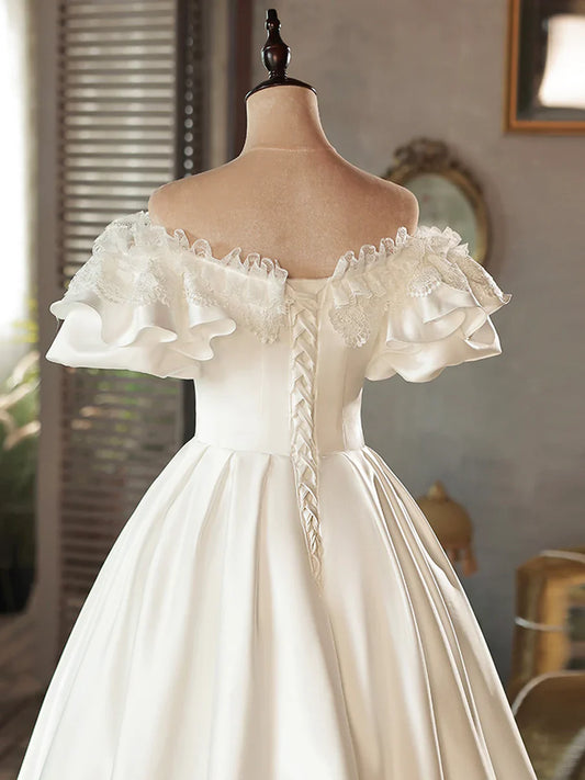 Vintage White Off-the-Shoulder Satin Lace Short Wedding Dress TP947