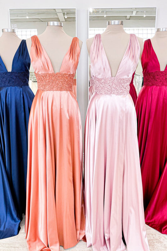 Dusty Pink Floral V Neck A-line Satin Long Prom Dress