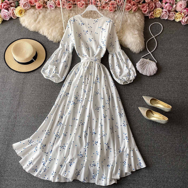 White v neck long sleeve dress fashion dress 537