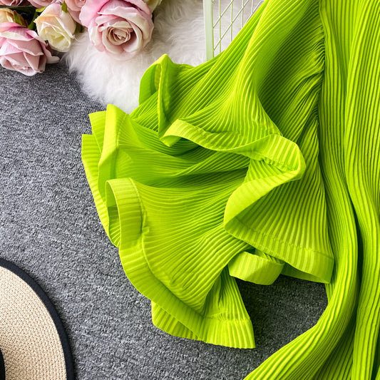 Ruffled large flared sleeve Pleated Dress 2758