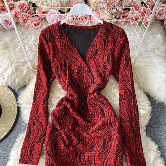 V-Neck long sleeve dress slim bottomed Hip Wrap Skirt 3151
