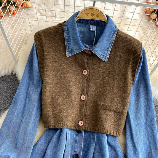 High waist slim long sleeve Lapel denim dress 3378