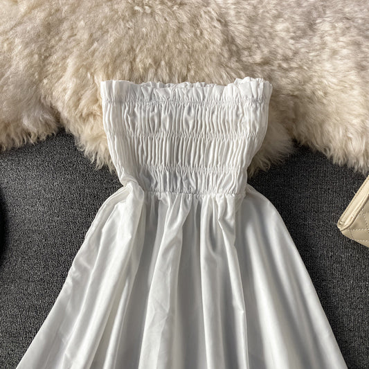 High waist off shoulder pleated strapless dress skirt 3043