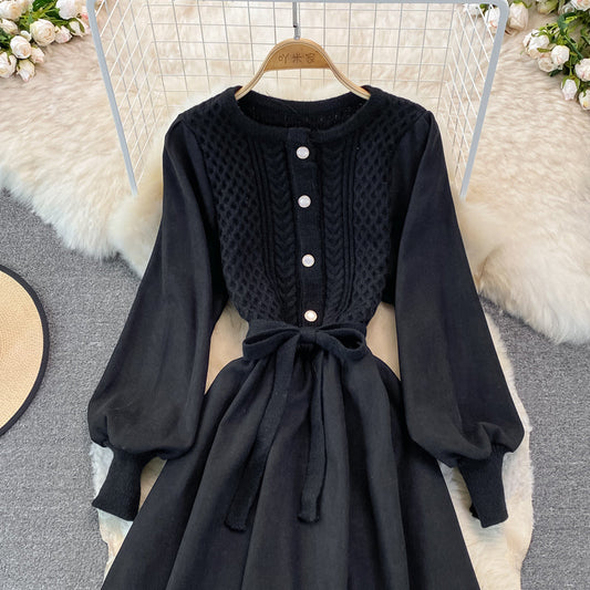 Crew neck twist knit stitched dress 3267