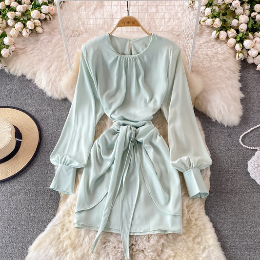 Round neck temperament, slim waist, Long Sleeve Ruffle Dress 3123
