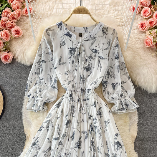 Round Neck Chiffon floral Pleated Dress 3364