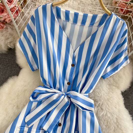 Celebrity temperament V-neck stripe lace up waist dress 2962