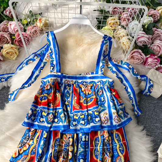 Suspender blue and white cake skirt printed fashion dress 2848