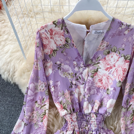 Long sleeve Vintage V-neck Floral Chiffon Dress 3322