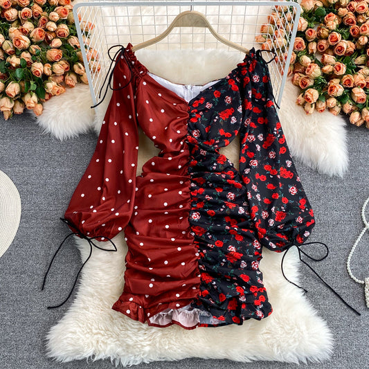 Color wave dot floral dress skirt Hip Wrap Dress 2904