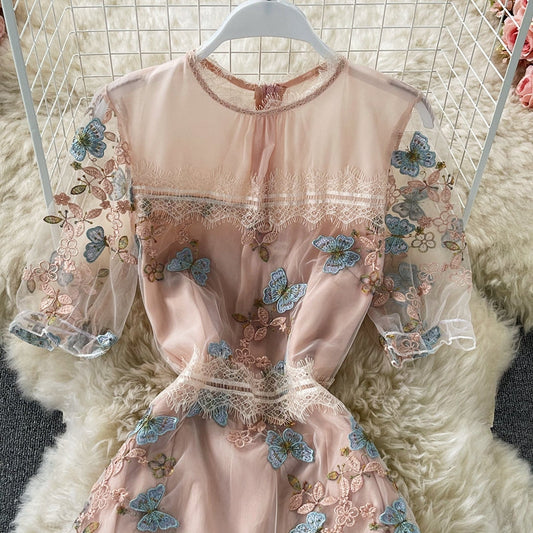 Mesh embroidery butterfly round neck short sleeve waist closing slim dress 2968