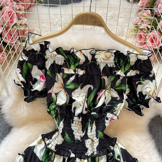 Waist print Ruffle A-line skirt dress 3194