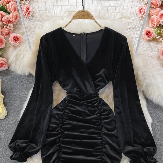 V-Neck long sleeve pleated slim wrap hip dress 3018