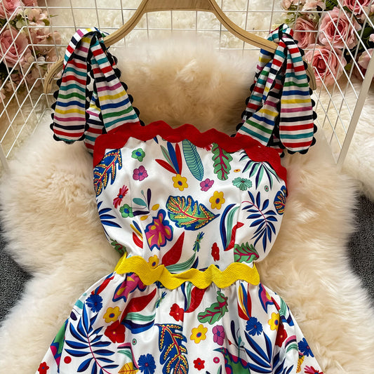 Waist slim temperament suspender large swing Printed Dress 3321