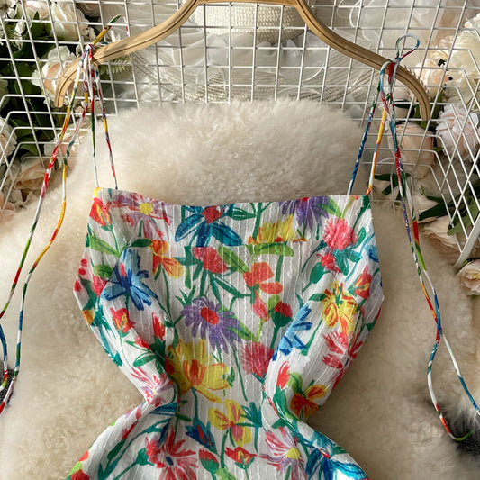 Vintage Floral off shoulder suspender skirt 2841