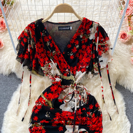 V-neck Floral Chiffon Dress split slim wrap hip fishtail dress 3214