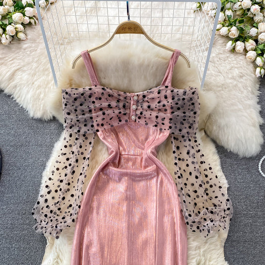 Metallic mosaic dot mesh suspender dress dress dress 3268