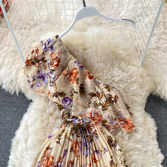 Ruffle waist Pleated Chiffon Floral Dress 2972