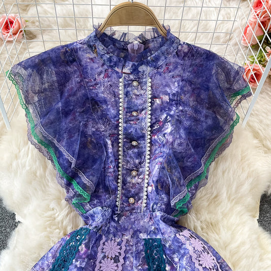 Stand collar water-soluble lace waist closing slim dress 3081