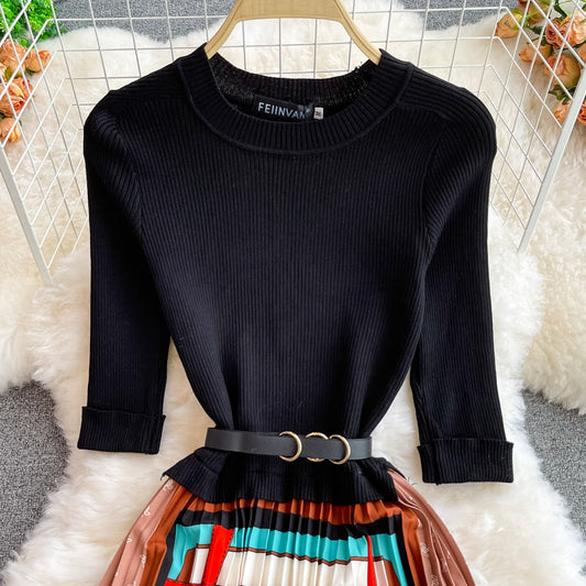 Stand neck knit patchwork contrast Pleated Dress 3355