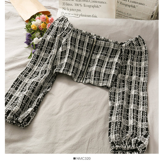 Short open navel bubble long sleeve top Plaid high waist skirt 2518