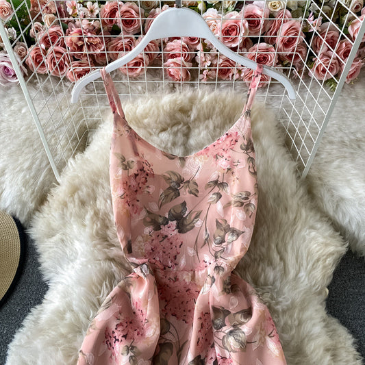Split Pink Floral Chiffon Dress with irregular ruffles 3426