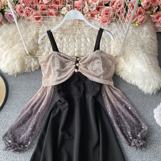 Sexy suspender French off shoulder swing dress 3412