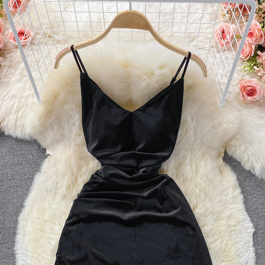 Suspender skirt female slim irregular velvet dress 2834