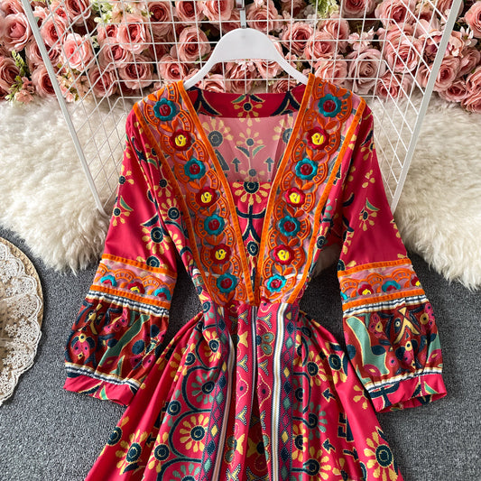 Heavy industry embroidery V-neck Decor dress 3187