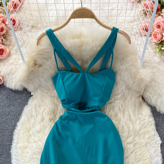 Hanging neck, open shoulder, cross tight, hollow out, waist and hip dress 2825