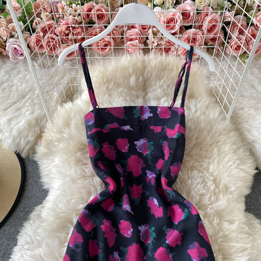 Slim temperament open back suspender Floral Dress 3422