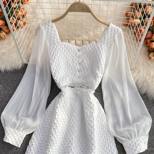 Long sleeve temperament waist closing lady square neck Jacquard Dress 3076