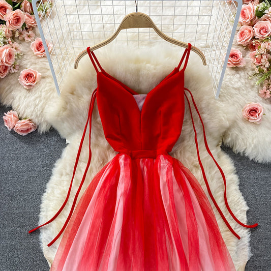 V-neck off shoulder mesh dress large swing skirt 2906