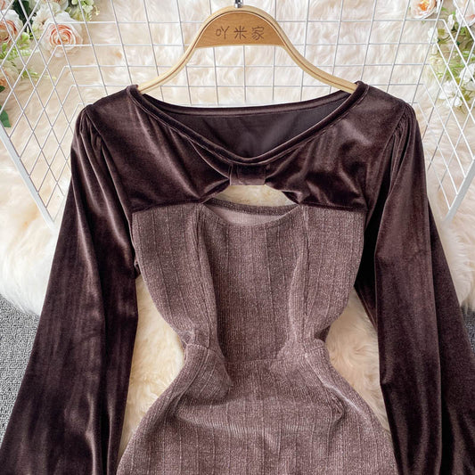 Round neck velvet patchwork French Vintage Dress 3395