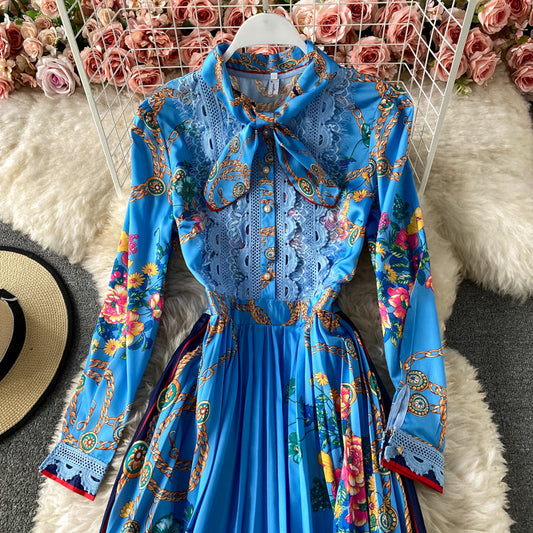 Celebrity temperament bow print Pleated Dress 3299