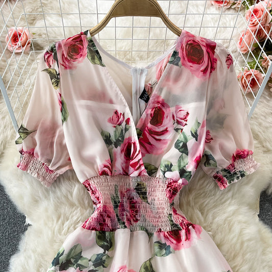 V-neck rose print dress elegant dress 3082