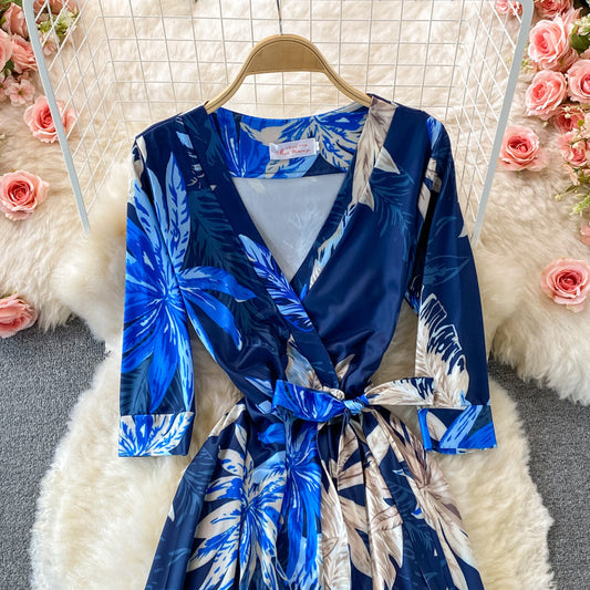 Split one piece wrap dress V-neck print dress 3227