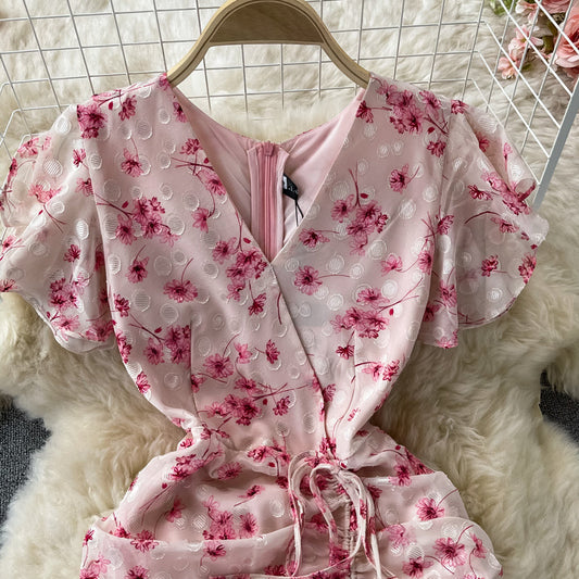 Ruffled V-neck fishtail buttock Chiffon Floral Dress 3067