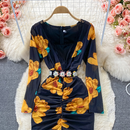 Sexy V-neck printed elastic slim wrap hip dress 3248