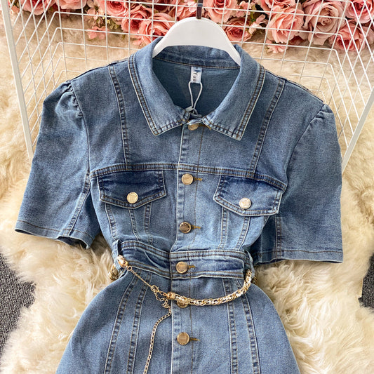 Bubble sleeve Lapel denim dress 2965