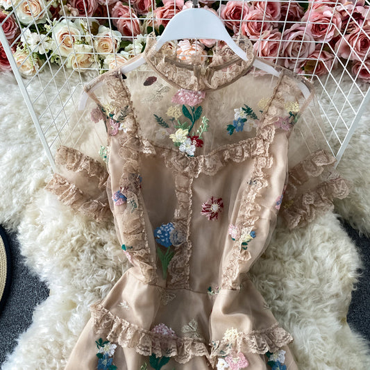 Mesh embroidery flower lace cake skirt dress 3178