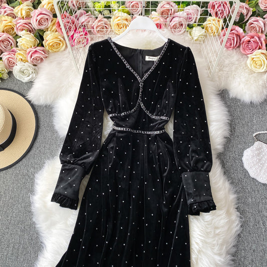 Vintage Hepburn style small black dress waist closed golden velvet dress 2949