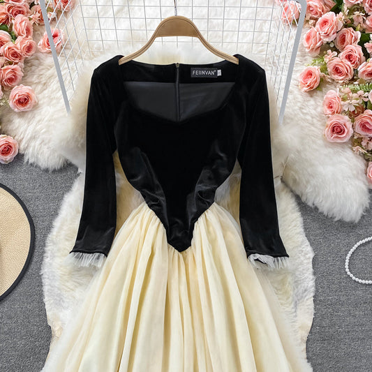 Vintage Hepburn mesh stitched square neck velvet dress 3007