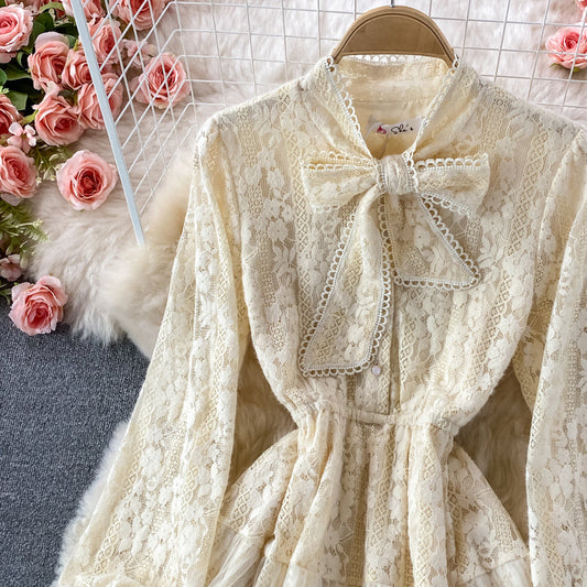 Medium length waist slim BOW LACE DRESS 3232