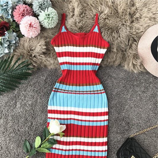 Hip Wrap color stripe suspender knit dress 3278