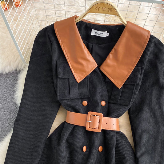 Lapel corduroy waist dress Hepburn 3115